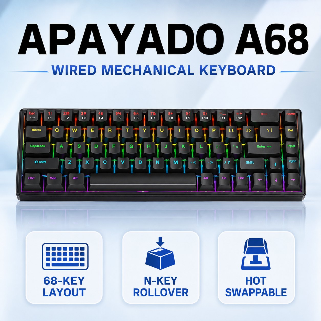 Keyboard Gaming Blue Switch - Tastiera meccanica cablata APAYADO A68, sostituibile